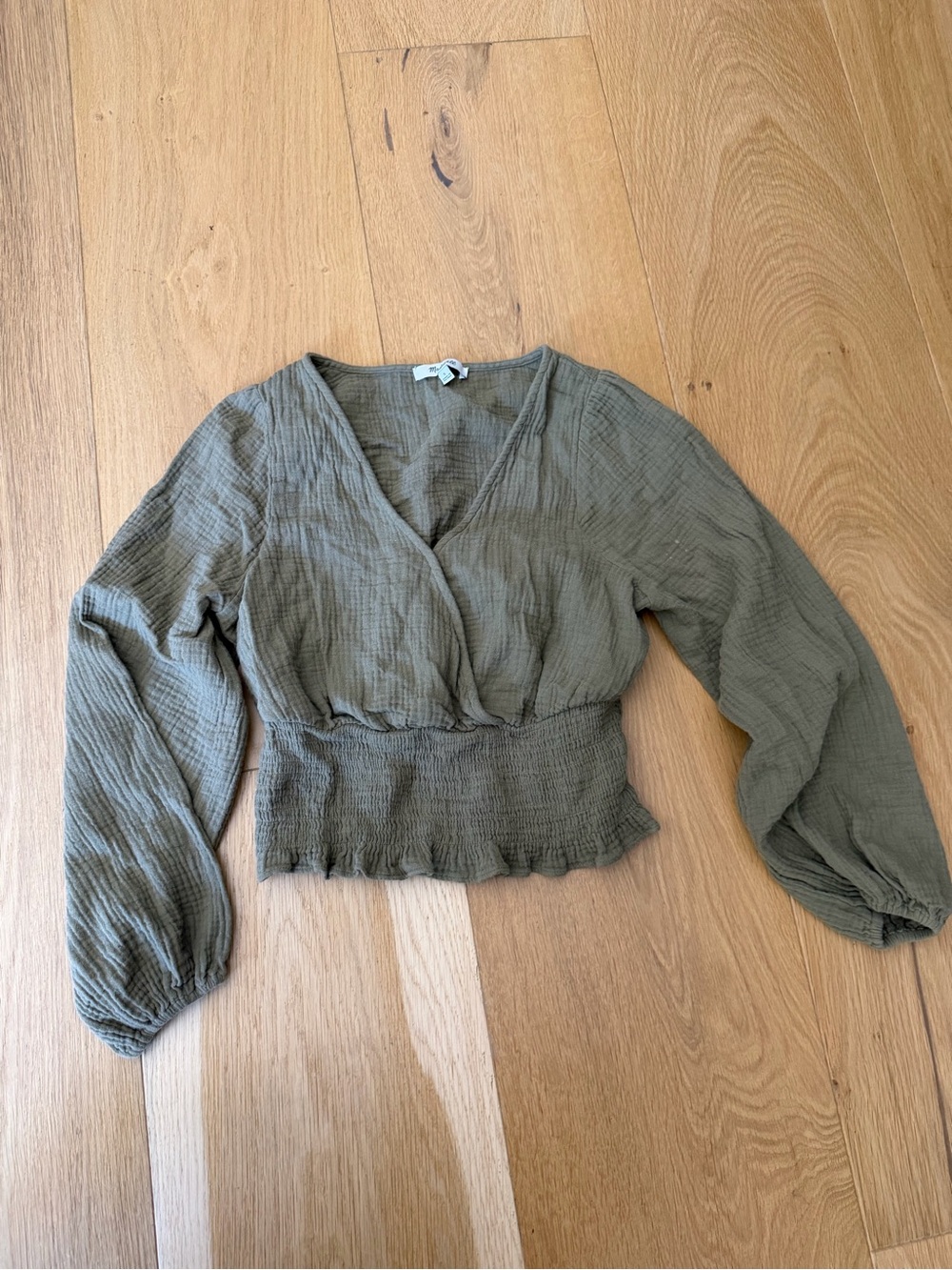 Madewell Olive Wrap-Smocked Peasant Blouse